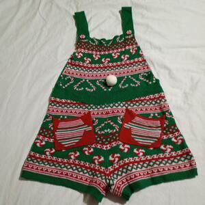 Christmas Sweater Romper Juniors L(11-13) Candy Canes PomPom Red/White/Green